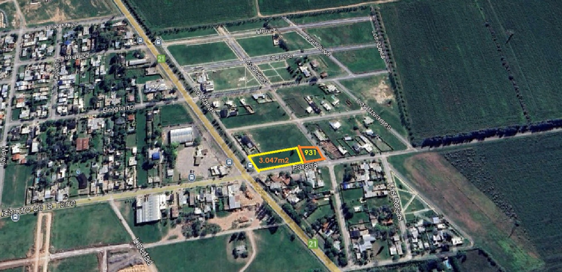 Venta de lotes s/Ruta 21 unicos para uso comercial o residencial.  3.047 m2  y 931,46 m2 juntos o separados